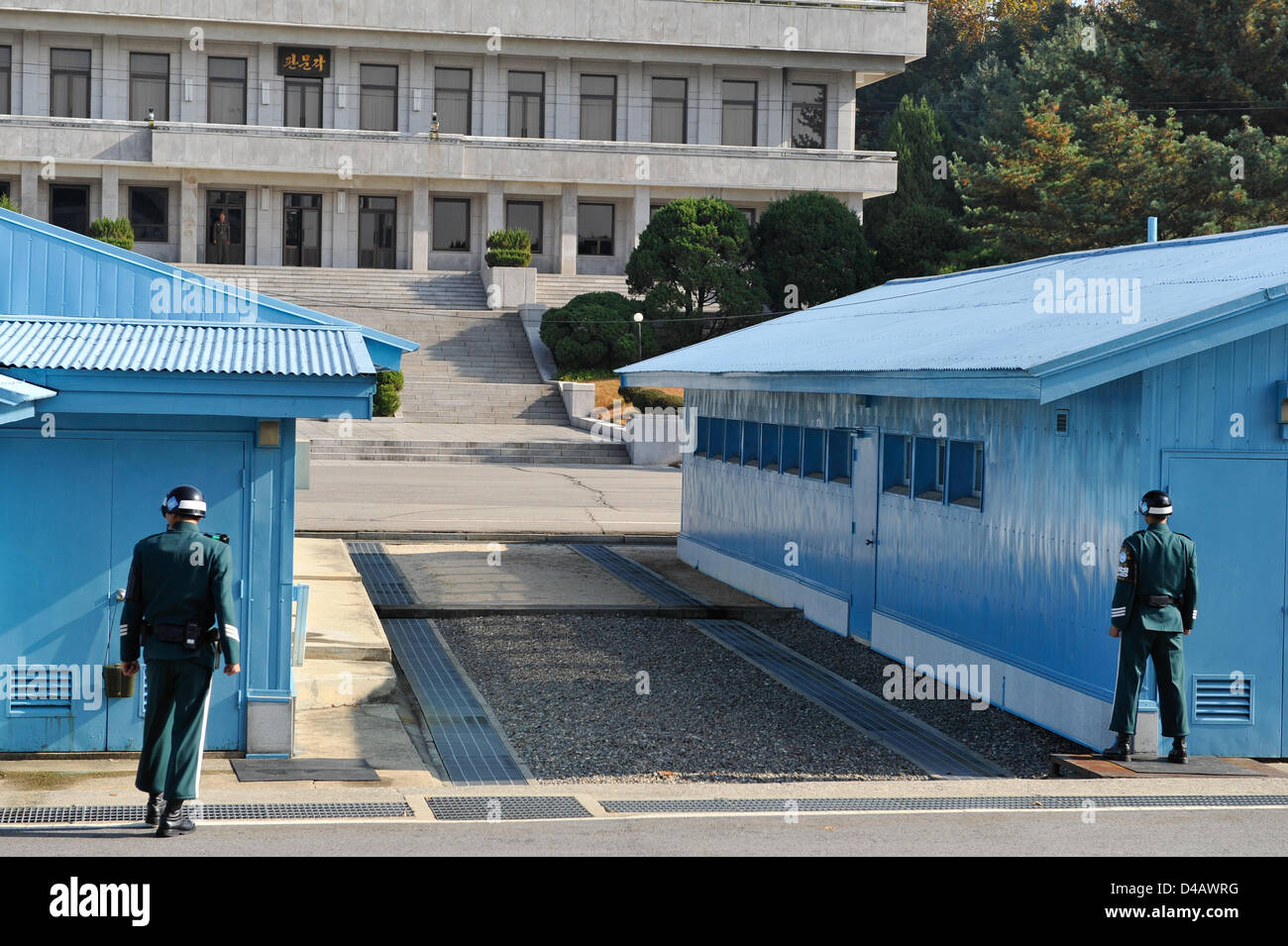 The demarcation line between North Korea (back) and South Korea (front