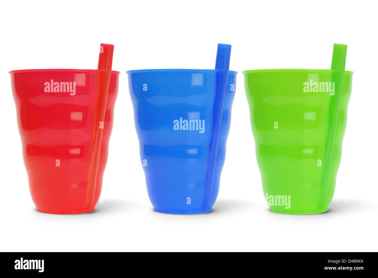 Three Colorful Plastic Cups On White Background Stock Photo