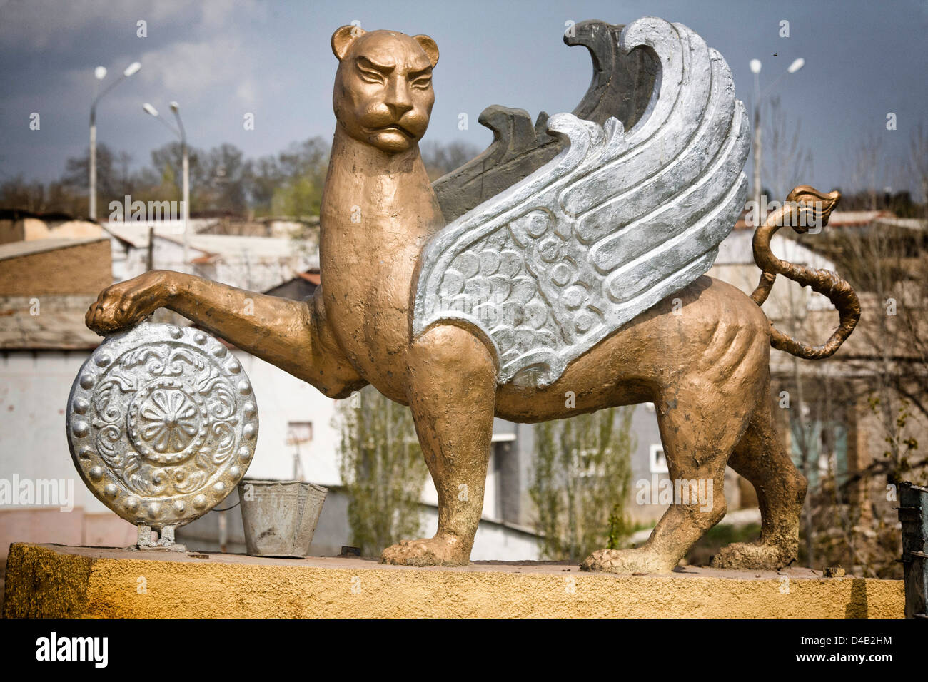 Small stone figure representing a winged tiger at David's tomb, near Samarkand Stock Photo