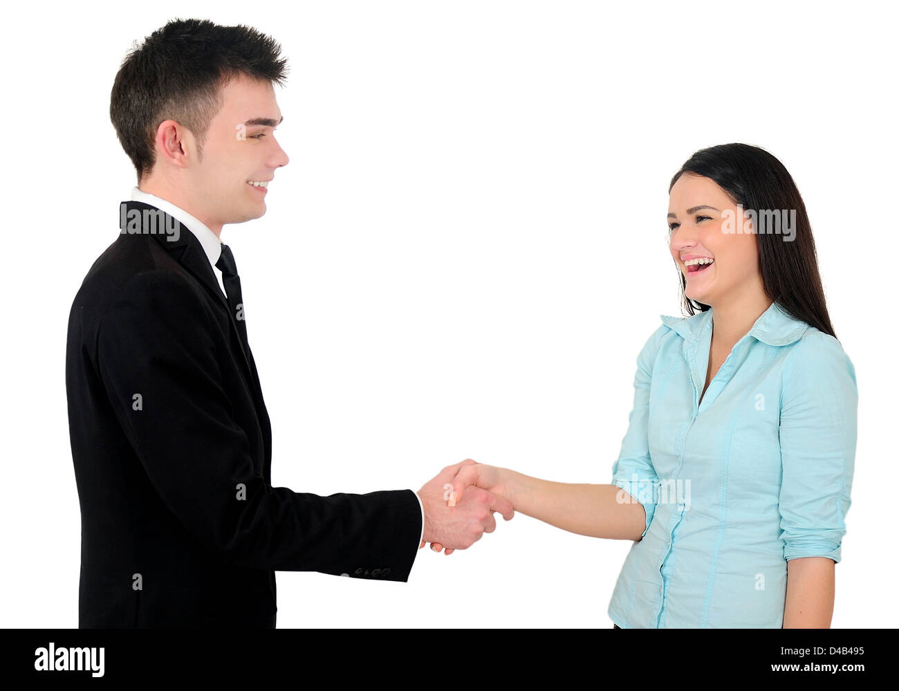 Isolated young business couple handshake Stock Photo