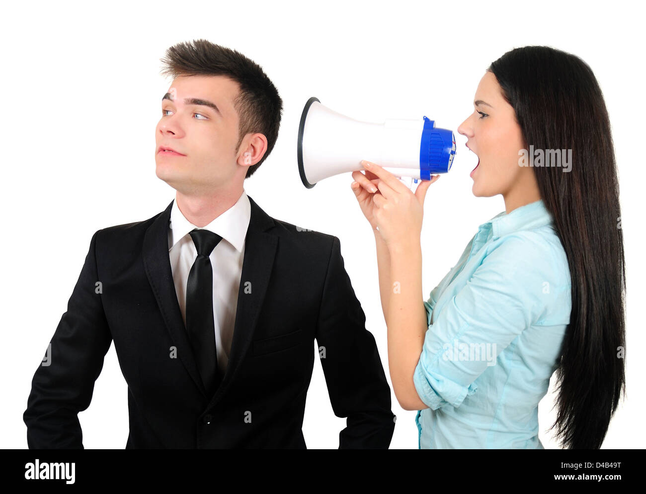 Isolated young business couple screaming Stock Photo - Alamy