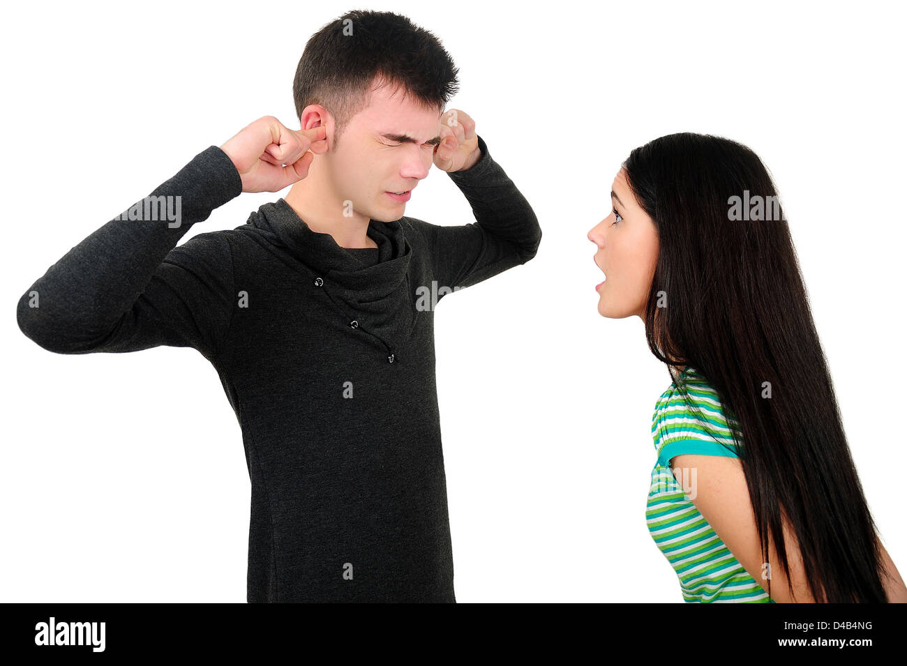 Isolated young casual couple argue Stock Photo