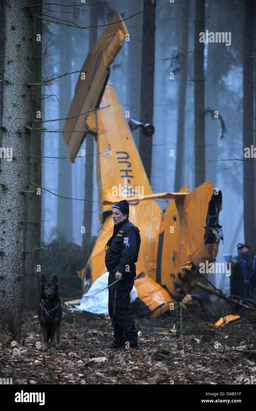 Srbce, Czech Republic. 9th March 2013. Crop duster airplane Z37-A Cmelak  crashed into woods close to village of Srbce in Chrudim region (120 kms east from Prague), Czech Republic on March 9, 2013. 55 years old pilot died in accident. (CTK Photo/David Tanecek/Alamy Live News) Stock Photo