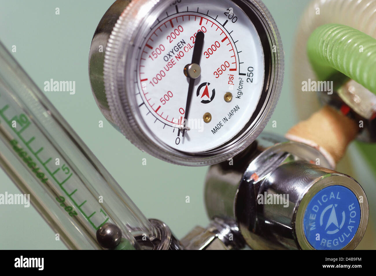 Close up of pressure meter for oxygen tank, attached to regulator Stock