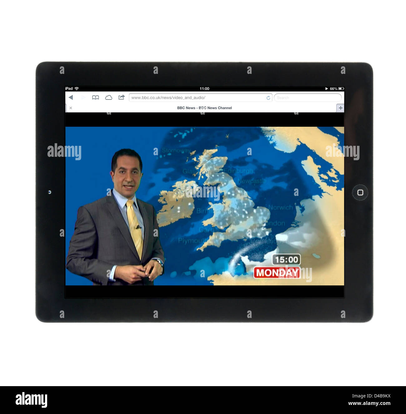 Watching the weather forecast on the BBC News channel website on an Apple iPad 4 Stock Photo