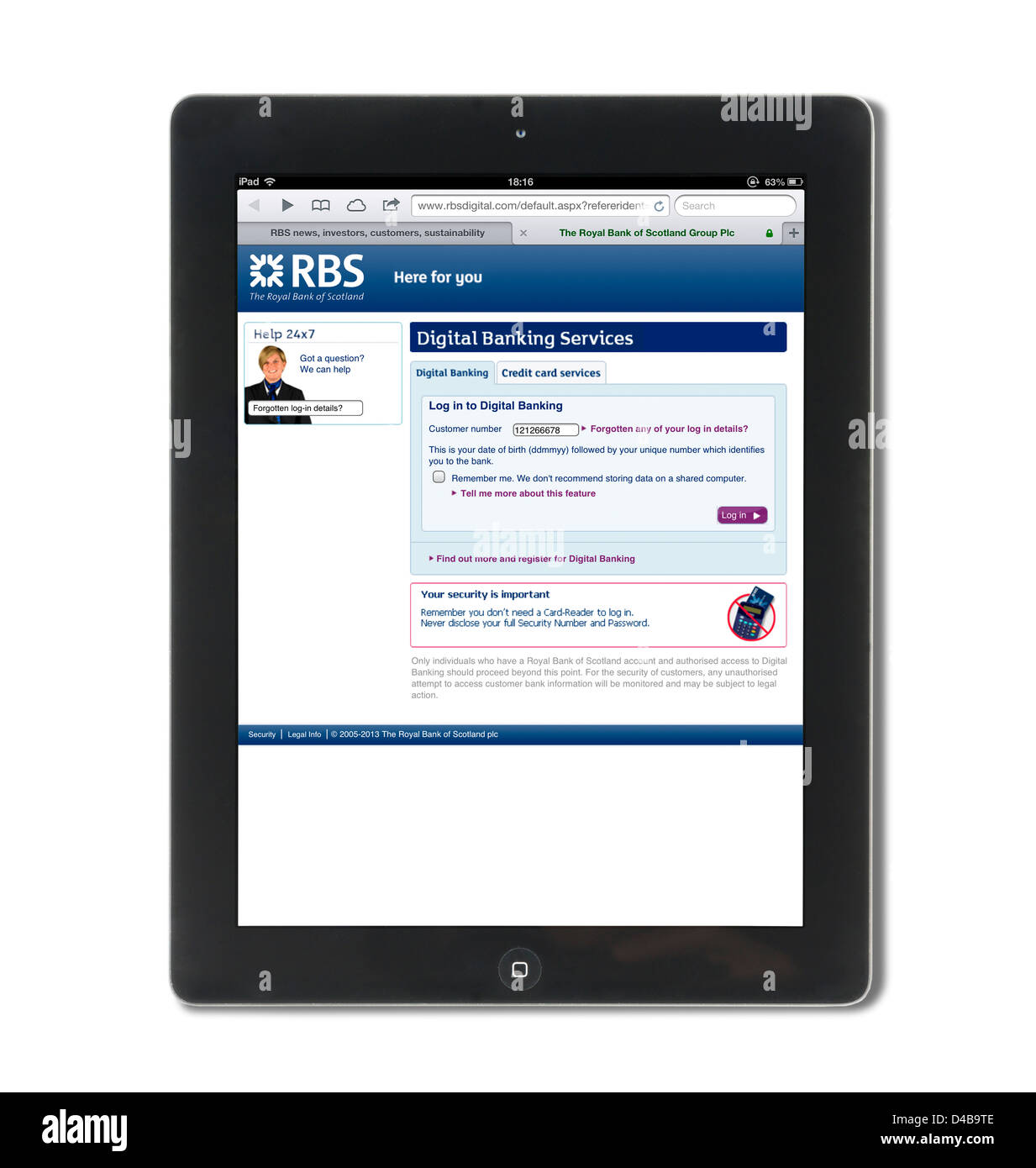 Logging onto an RBS Bank account on an iPad 4, UK Stock Photo