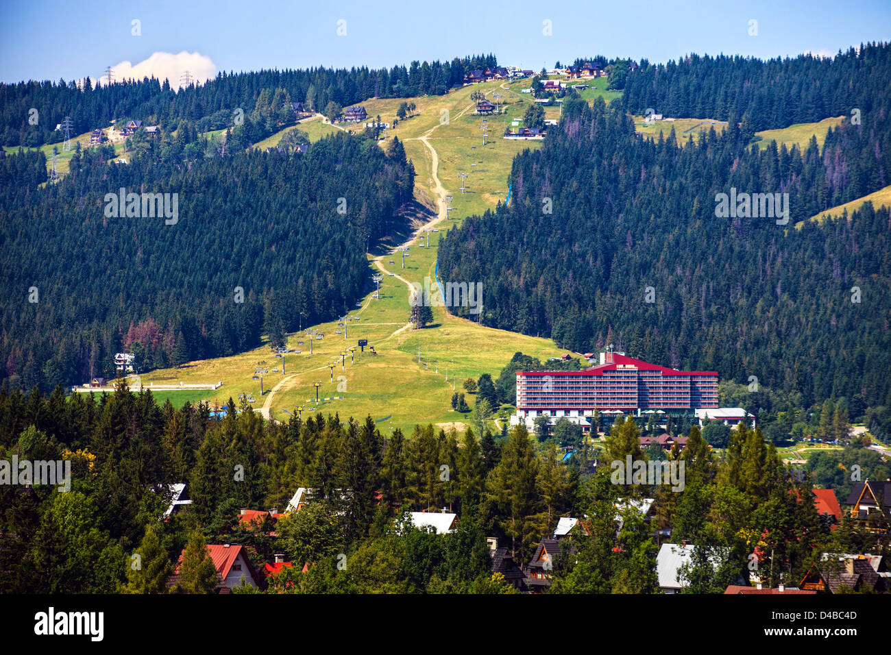 Ski lift in the background near Zakopane, Poland. Stock Photo