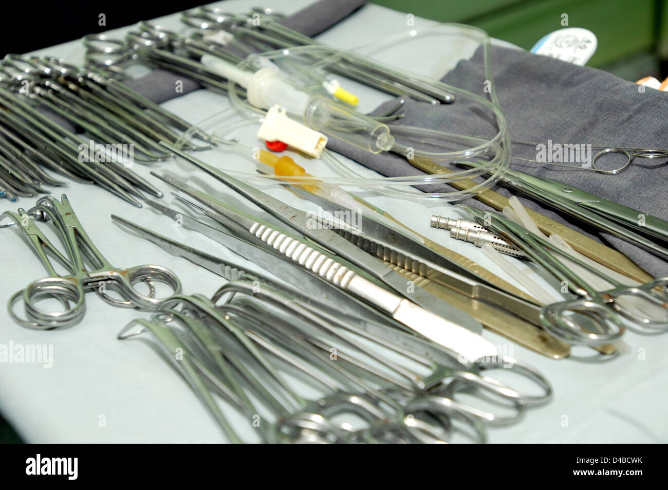 Surgical instruments prepared for surgery with infusion set. Sudan, Africa. Stock Photo