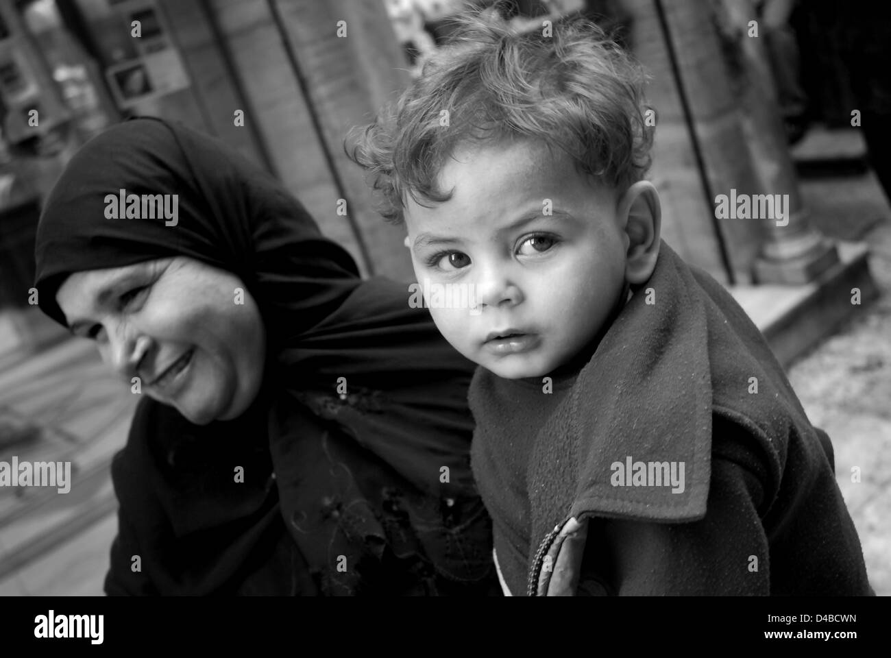Arab mother and son, Downtown Cairo, Egypt Stock Photo