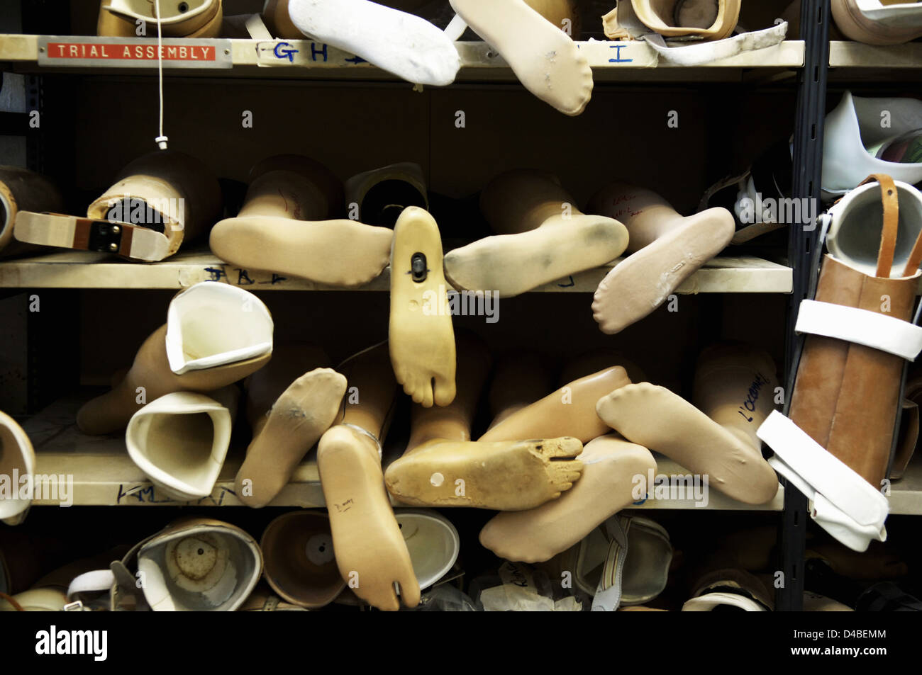Rows of prosthetic feet, used as templates to create new limbs Stock Photo
