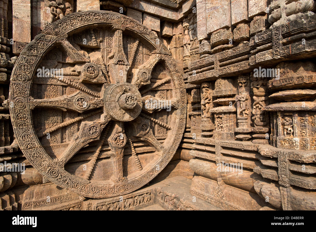 One of the iconic stone chariot wheels at the Sun Temple at Konark, near Puri, in Odisha state, India Stock Photo