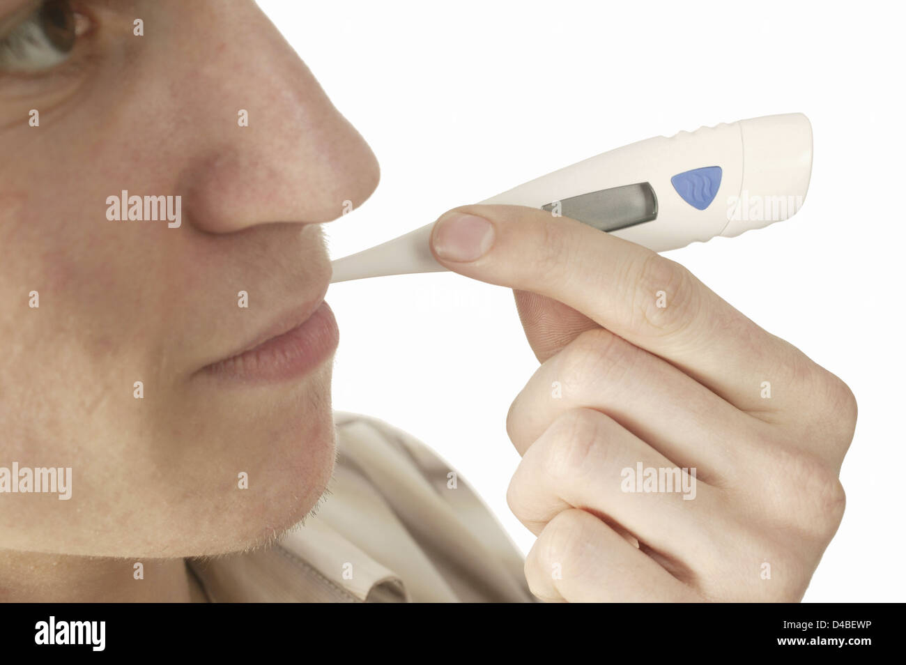 Man with digital thermometer in mouth Stock Photo Alamy