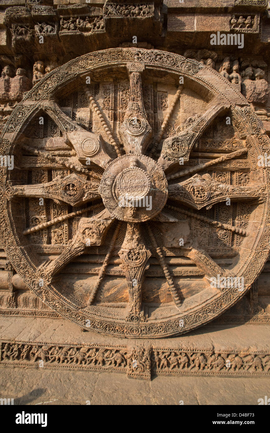 One of the iconic stone chariot wheels at the Sun Temple at Konark, near Puri, in Odisha state, India Stock Photo