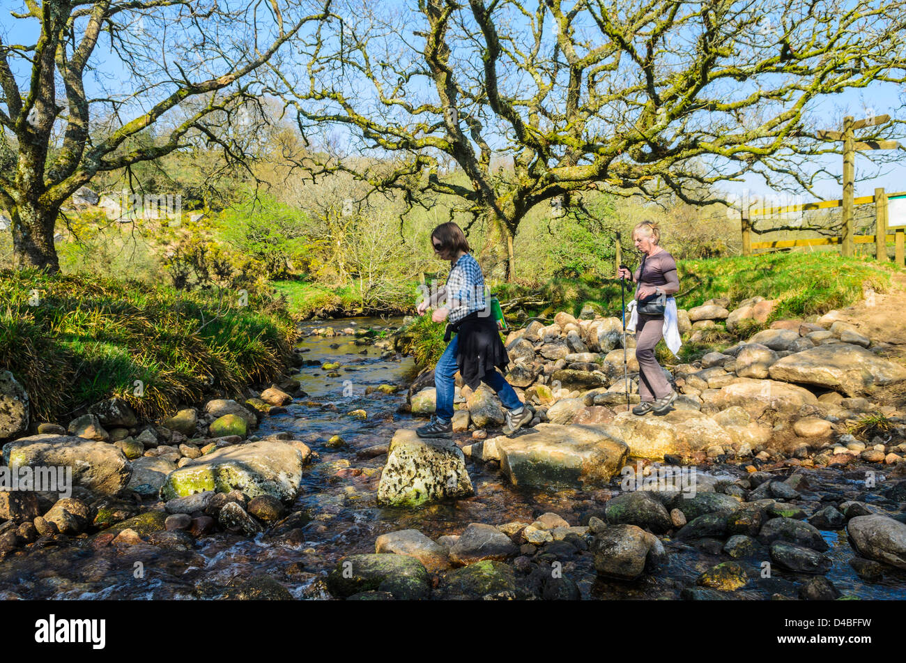 Two women crossing a stream in Dartmoor National Park near Hexworthy, Devon, England. Stock Photo
