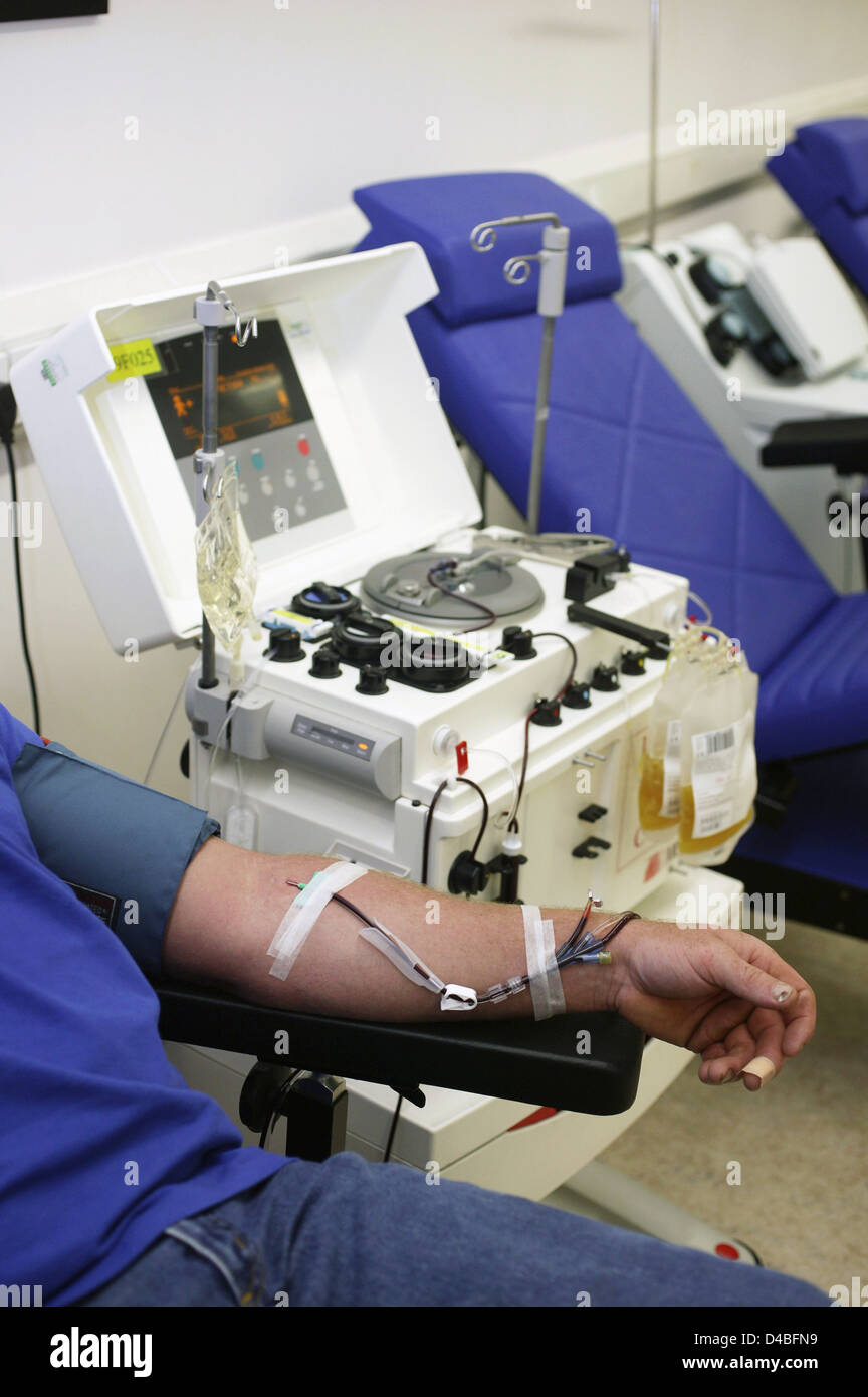 Haemonetics MCS machine collects whole blood healthy donor then separates it into component parts through centrifugal force. Stock Photo