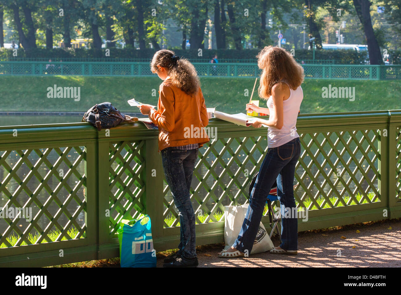 St. Petersburg, Girls Painting in the Summer Garden Stock Photo