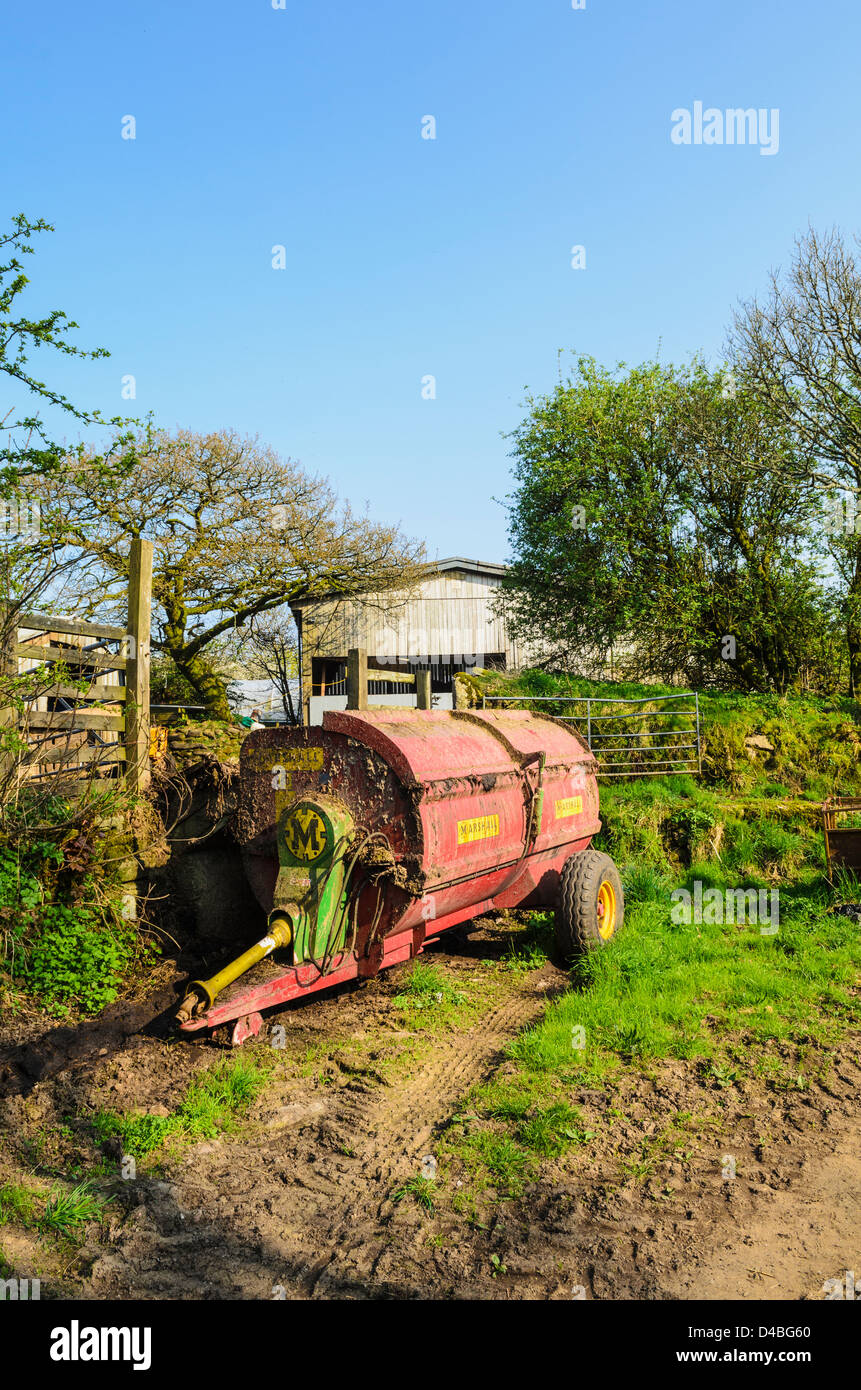 A Marshall Trailers rotary muck spreader at a farm in Dartmoor National Park, Devon, England. Stock Photo