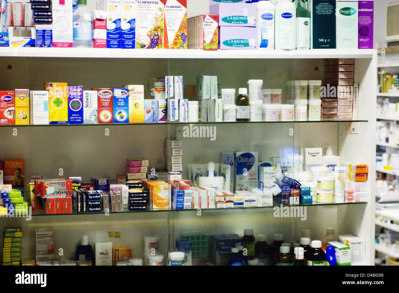Medicines and pills on shelves of hospital pharmacy Stock Photo Alamy