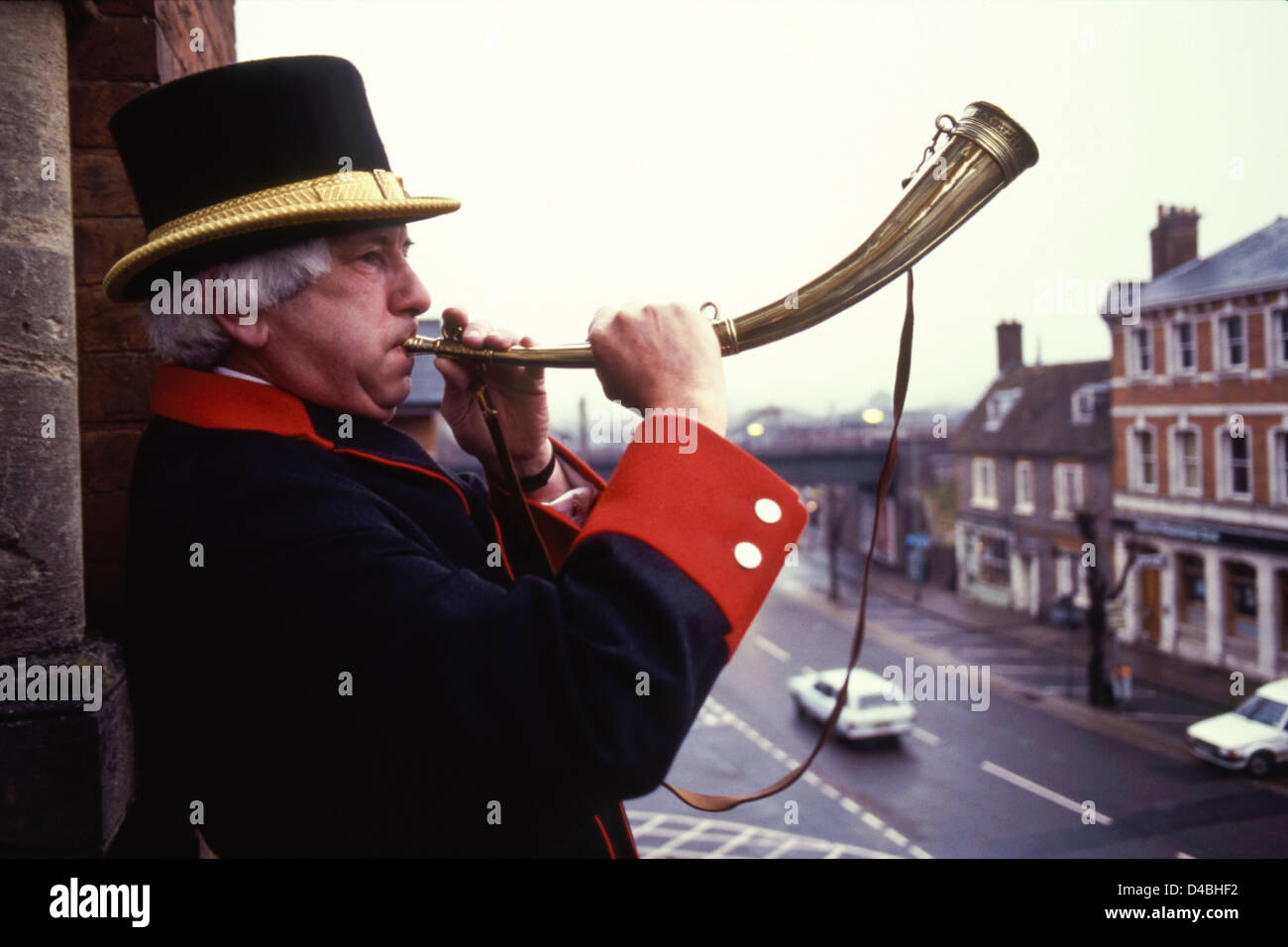 Robin Tubb town crier and bellman summoning the commoners to court Hocktide Ceremony annual custom celebrated at Hungerford Berkshire England UK Stock Photo