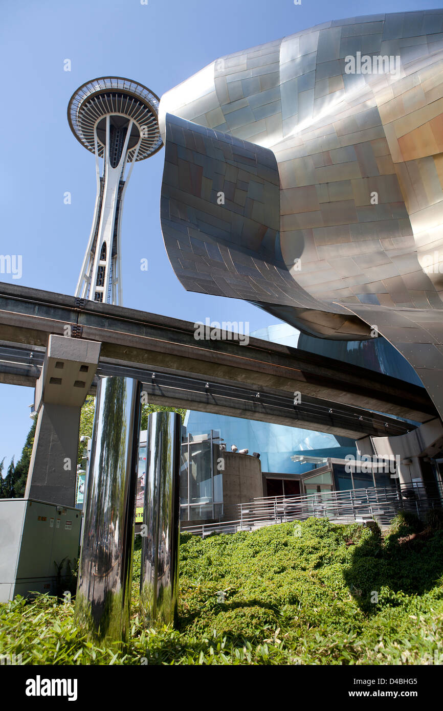 The Space Needle behind the Experience Music Project building. Stock Photo
