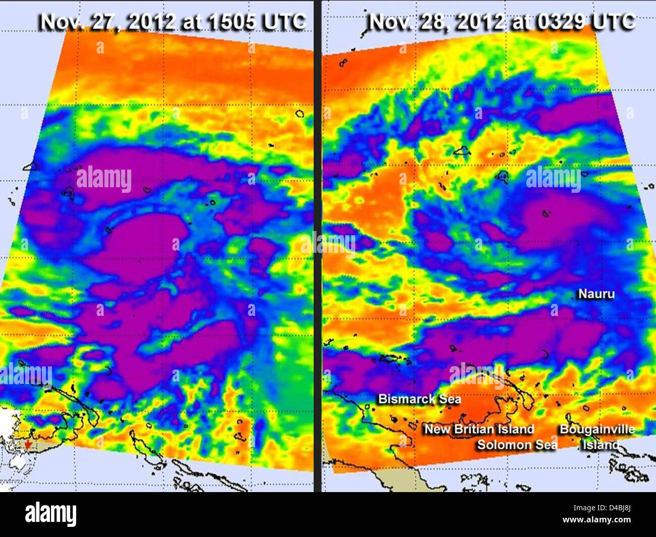 NASA satellites monitored Typhoon Bopha as it approached the Philippines, providing crucial weather data. The satellites captured images to assist in storm tracking and forecasting, vital for disaster preparedness and response. Stock Photo