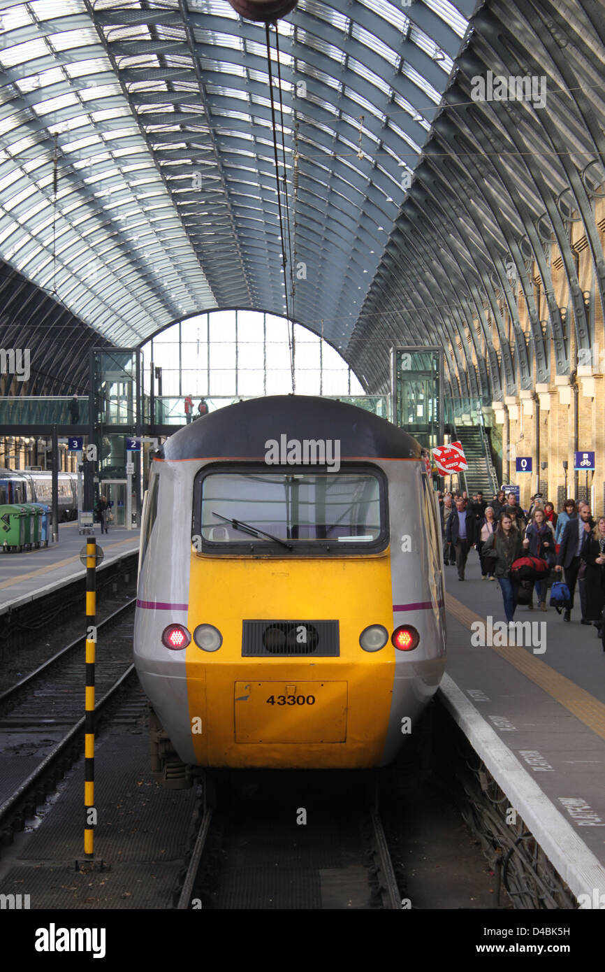 End of East Coast High Speed Train at Kings Cross station, London, just arrived from Aberdeen. Stock Photo