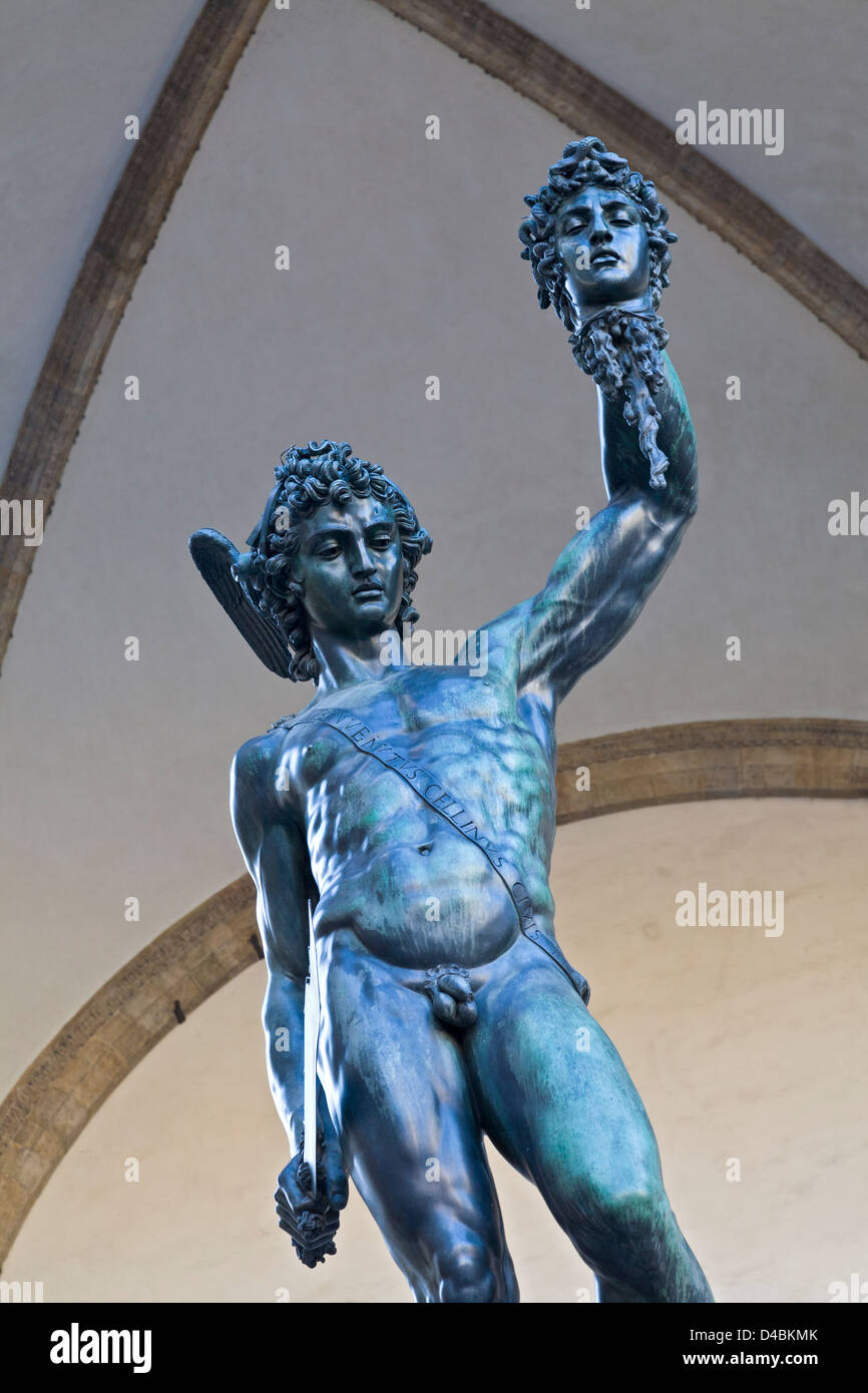 The 1554 bronze statue of Perseus holding Medusa's head by Cellini, Florence, Italy. Stock Photo
