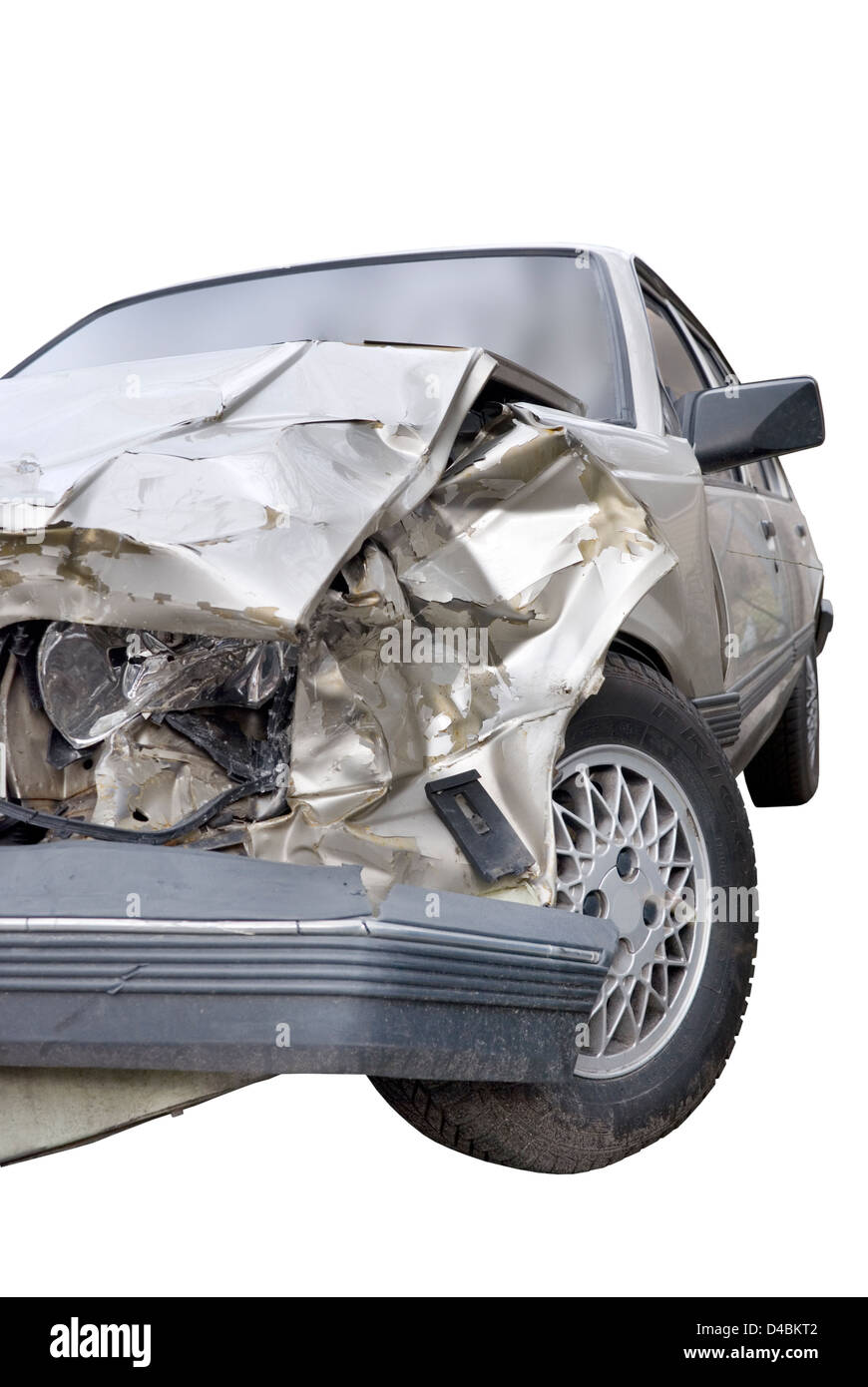 Close up of damage to front of car after crash against white background Stock Photo