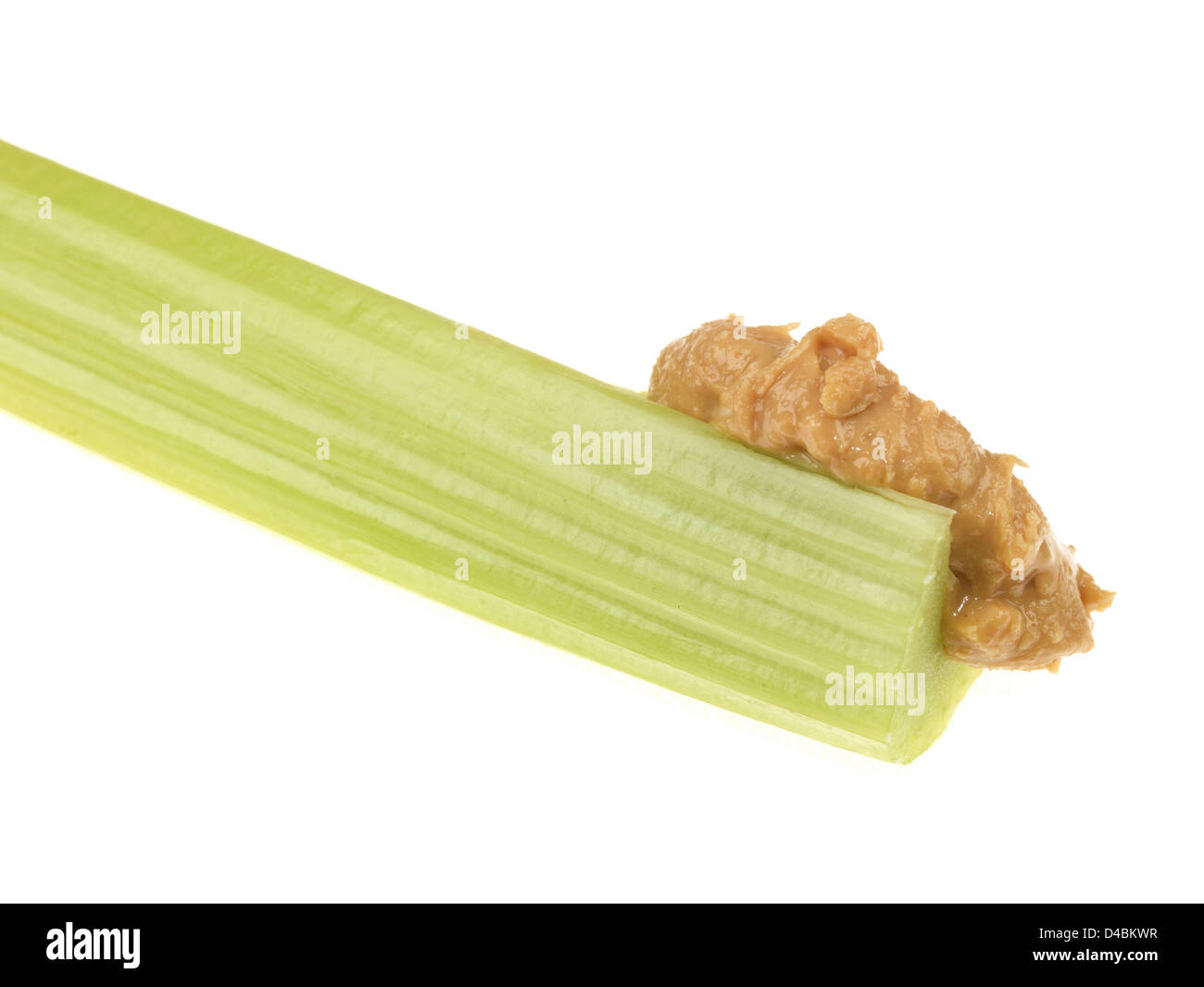 A Single Stick Of Fresh Celery Dipped In Peanut Butter Isolated Against