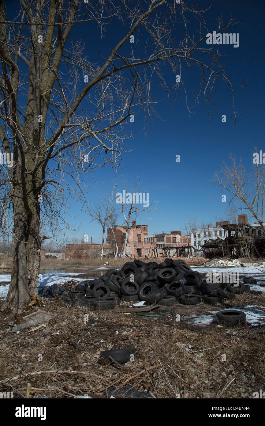 Detroit, Michigan Used tires dumped on a vacant lot next to derelict