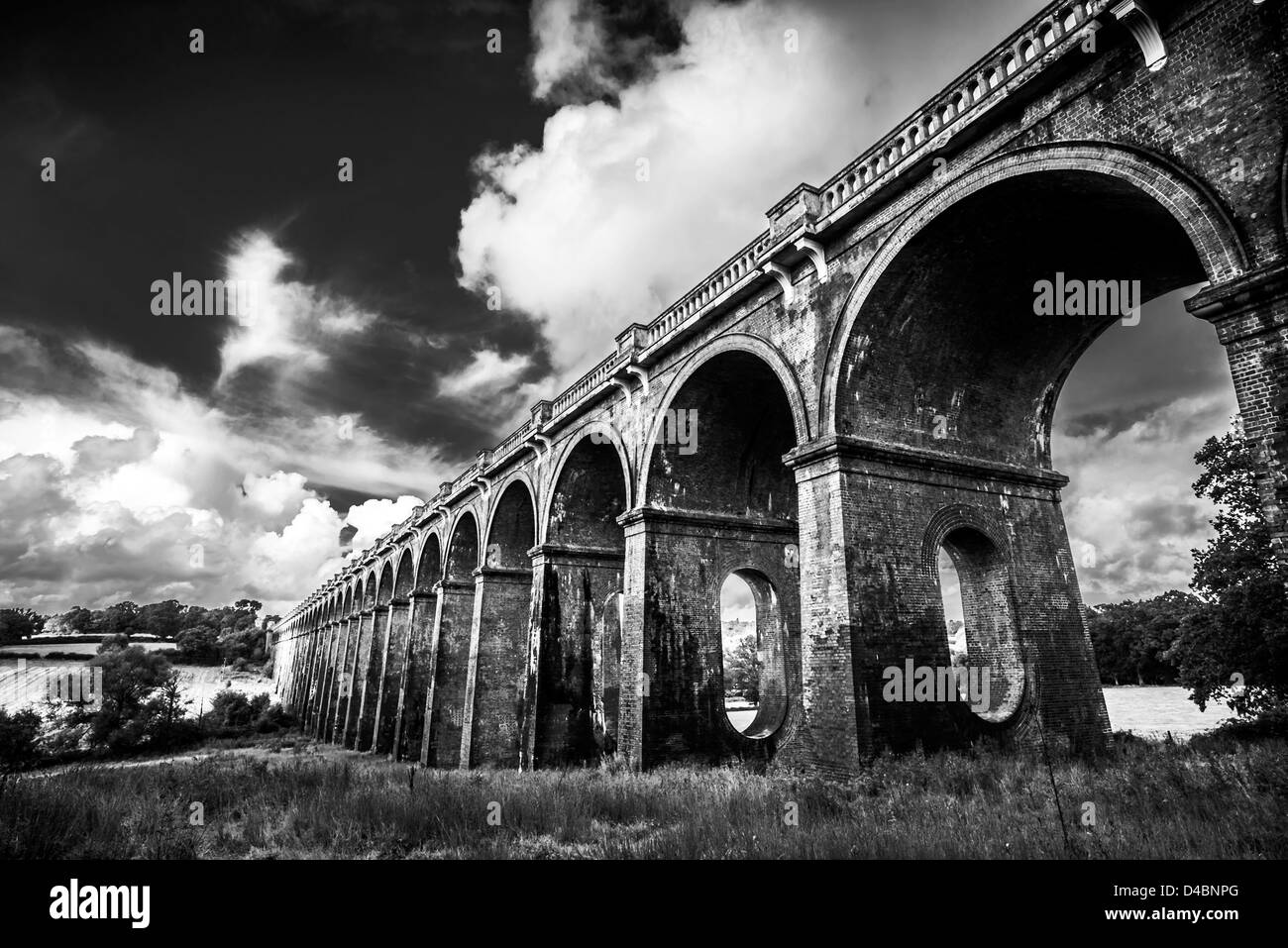 Black and White Ouse Valley Viaduct Bridge in West Sussex, UK Stock Photo