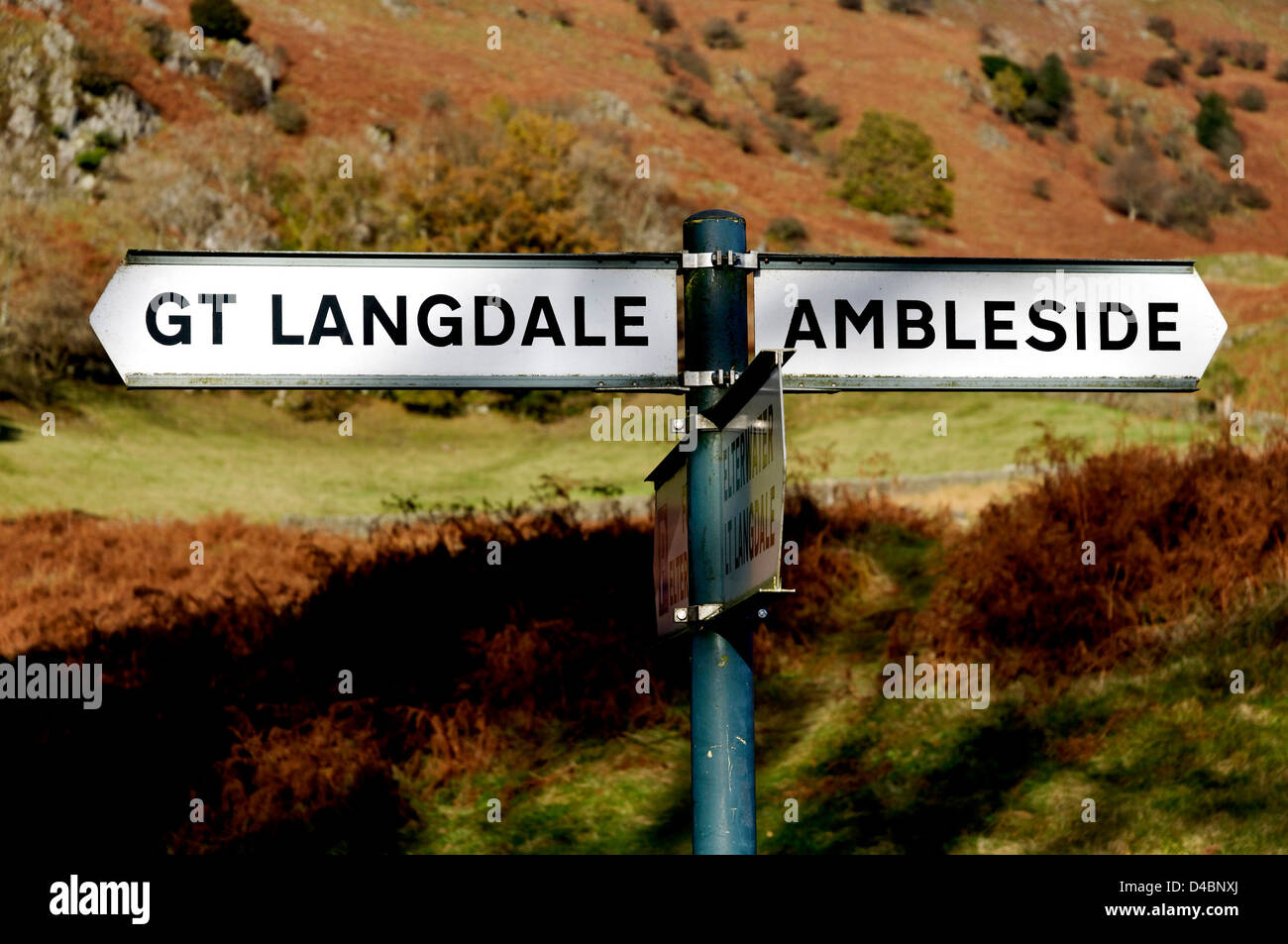 Road signs for Ambleside and Great Langdale in the Lake District Stock Photo