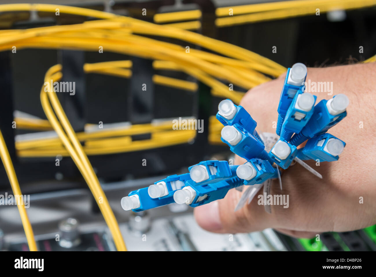 hand of administrator holding bunch of optic fiber cables with connectors Stock Photo