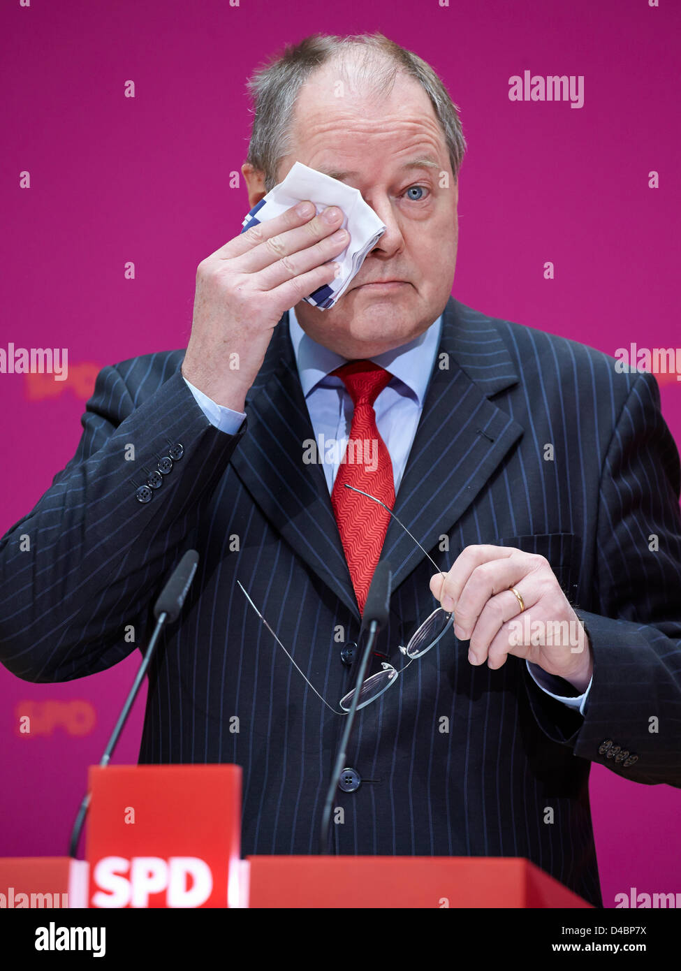 Berlin, Germany. 11th March, 2013. Peer Steinbrueck, Chancellor candidate of SPD, and SPD Chairman, Sigmar Gabriel, give a joint press confenrence in Berlin. On picture: Peer Steinbrueck, SPD chancellor candidate. Stock Photo