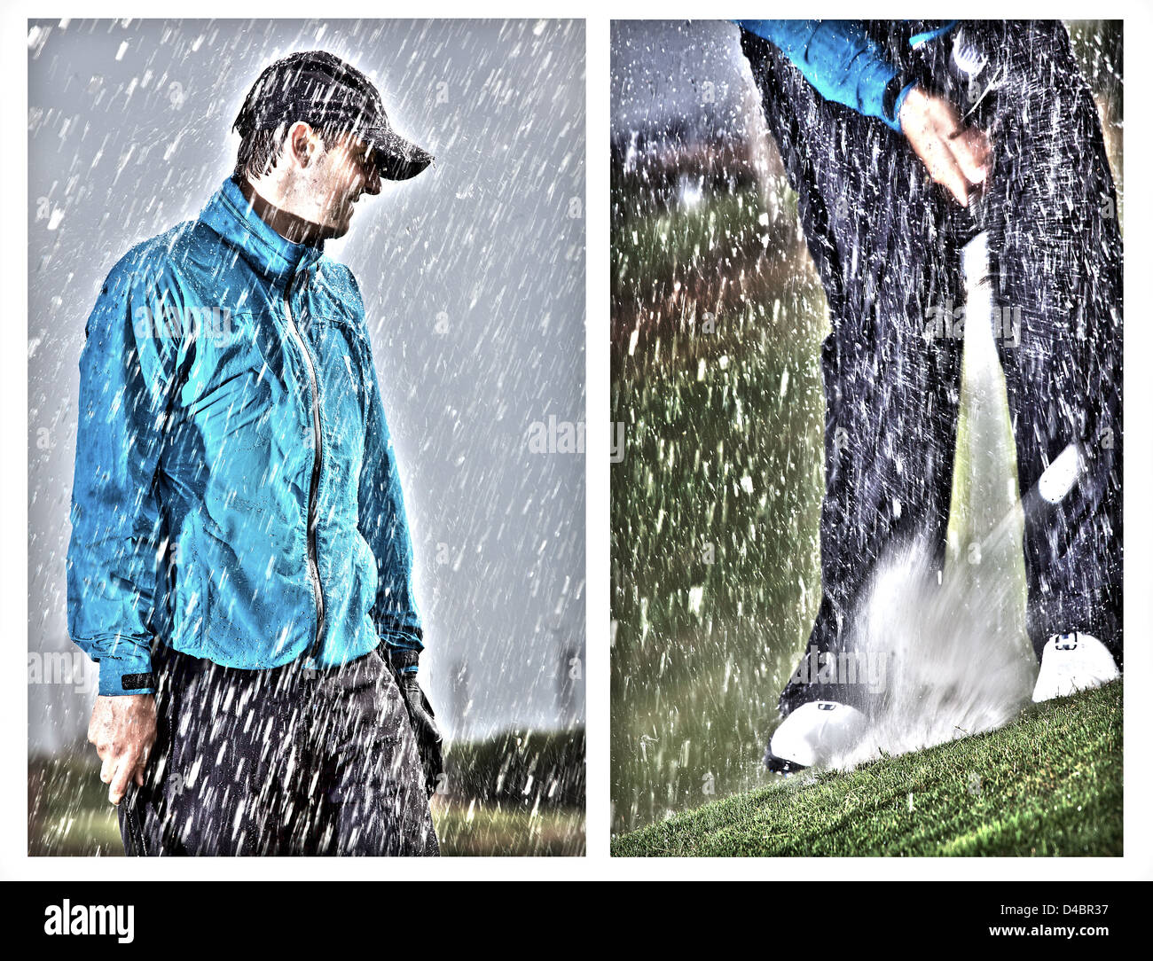 A European male age 20-25 playing golf in the rain Stock Photo