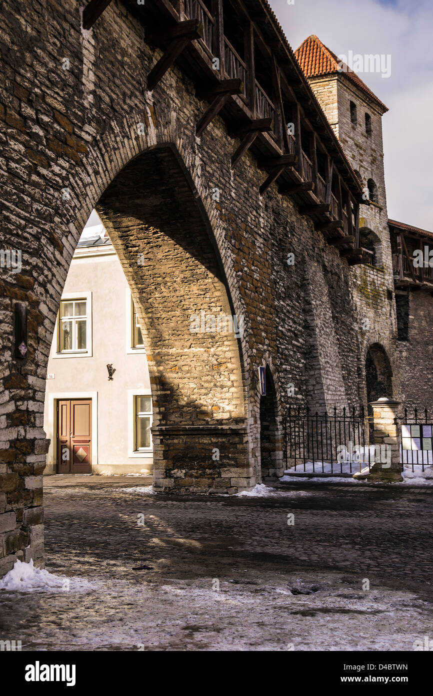 Old Town's wall and watchtower in Tallinn. Stock Photo