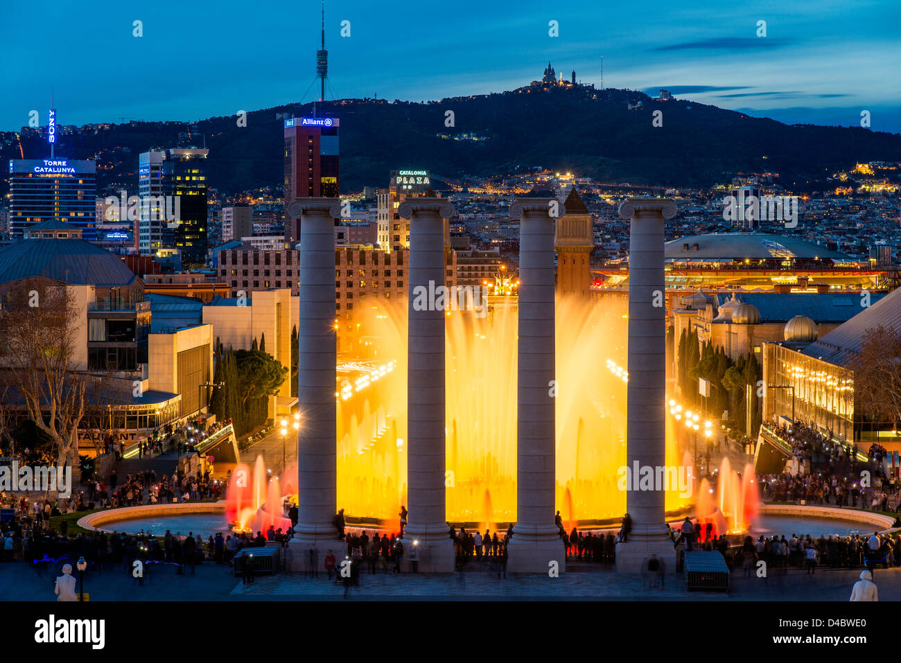 Font Magica or Magic Fountain with city skyline in the background, Barcelona, Catalonia, Spain Stock Photo