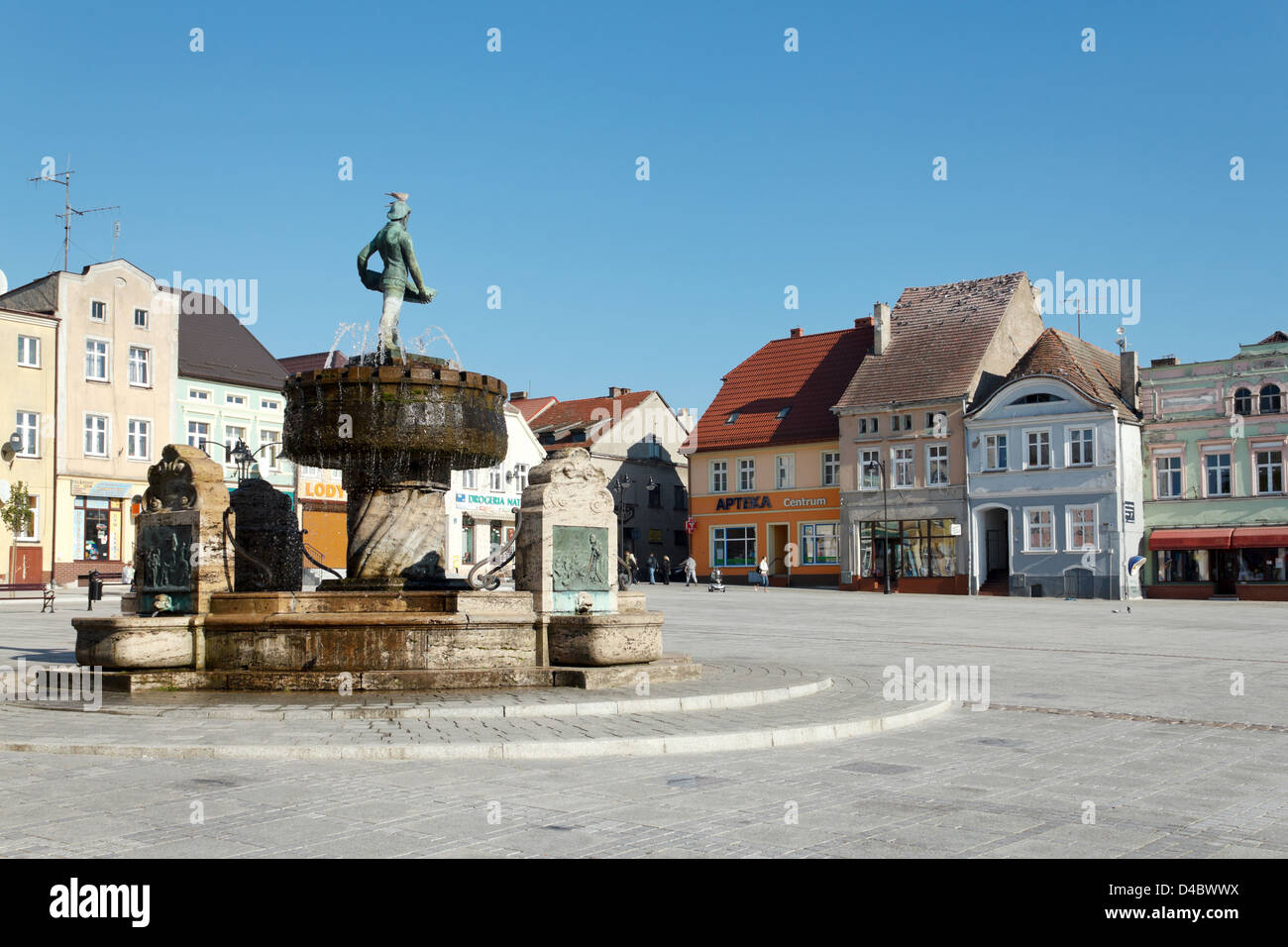 Ruegenwalde, Poland, the Hansa Fountain at City Hall plaza Stock Photo