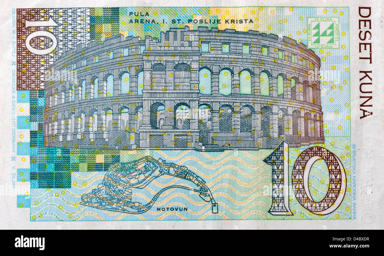 money of Croatia with the Pula Arena and the town plan of Motovun macro Stock Photo