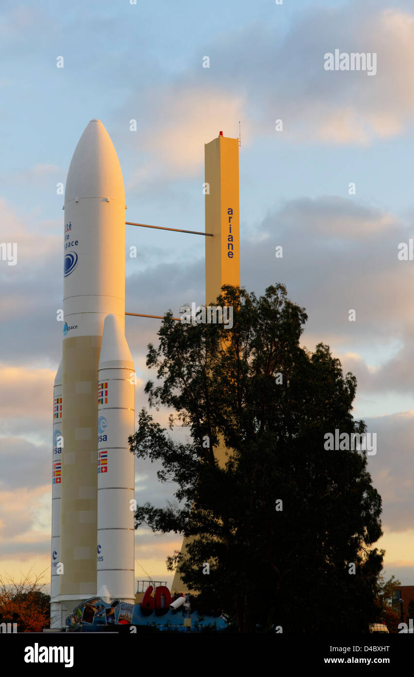 An Ariane 5 rocket at sunset at Cité de l'Espace in Toulouse, France ...