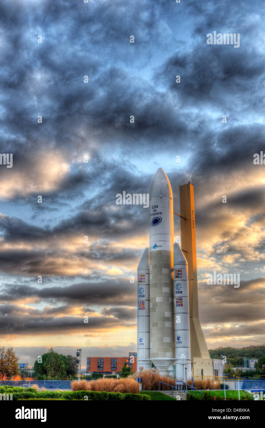 An Ariane 5 rocket at sunset at Cité de l'Espace in Toulouse, France ...