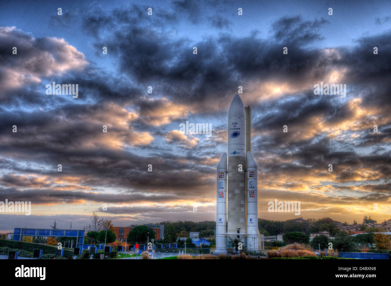 An Ariane 5 rocket at sunset at Cité de l'Espace in Toulouse, France ...
