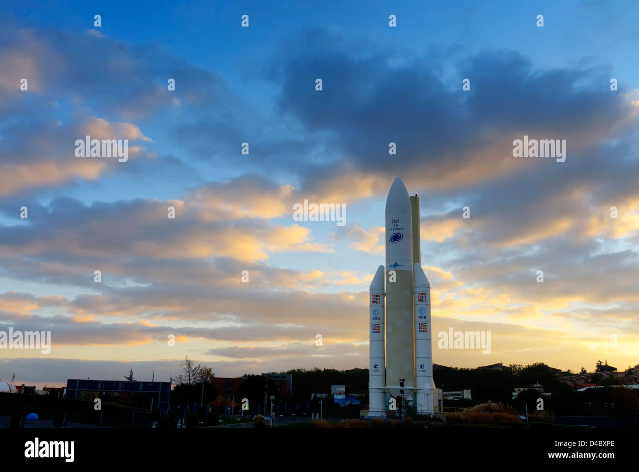 An Ariane 5 rocket at sunset at Cité de l'Espace in Toulouse, France ...