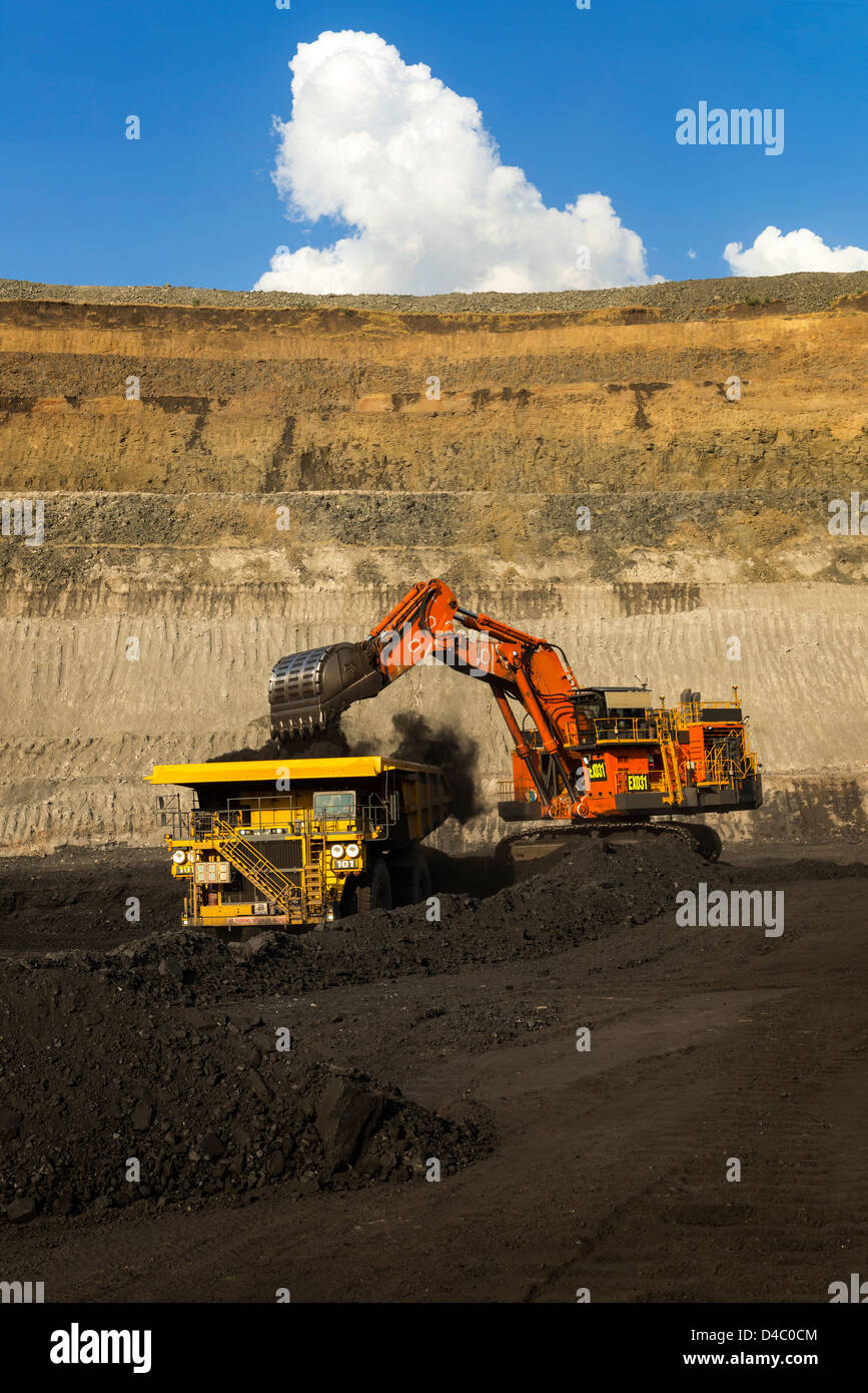 Loading coal into a mining dump truck, Queensland Australia Stock Photo