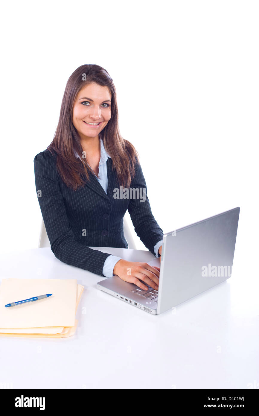 Business Woman on laptop isolated on white Stock Photo - Alamy