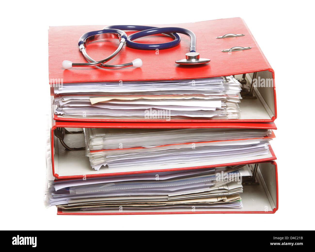 stack of red file folders with blue stethoscope on white background Stock Photo