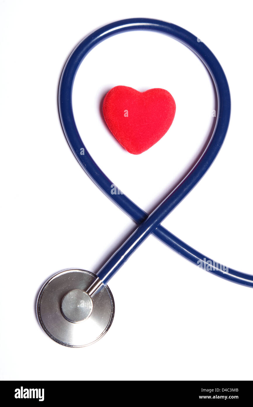 Red heart and a blue stethoscope on white background Stock Photo - Alamy