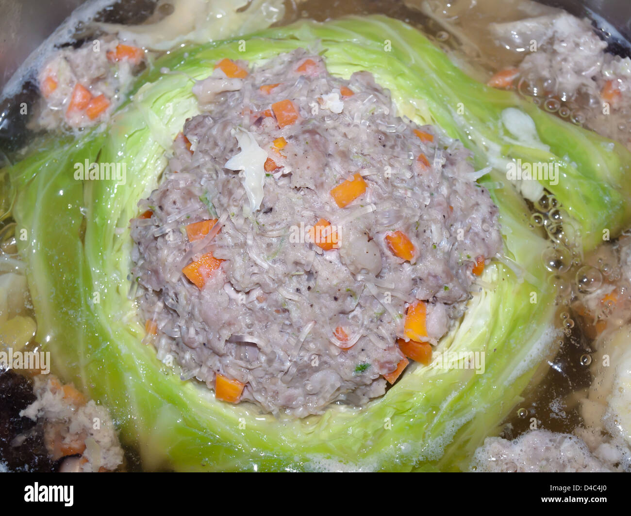 Minced pork mixed with flavouring stuffed in cabbage Stock Photo