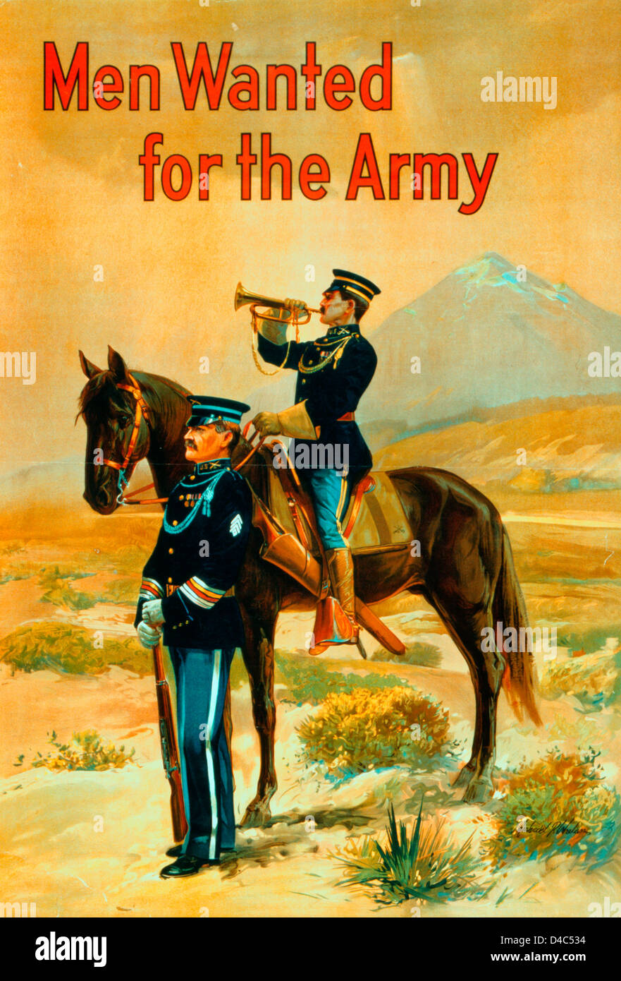 Men wanted for the army - U.S. Army recruiting poster showing an officer standing with a soldier, seated on a horse, blowing a bugle, circa 1917 Stock Photo