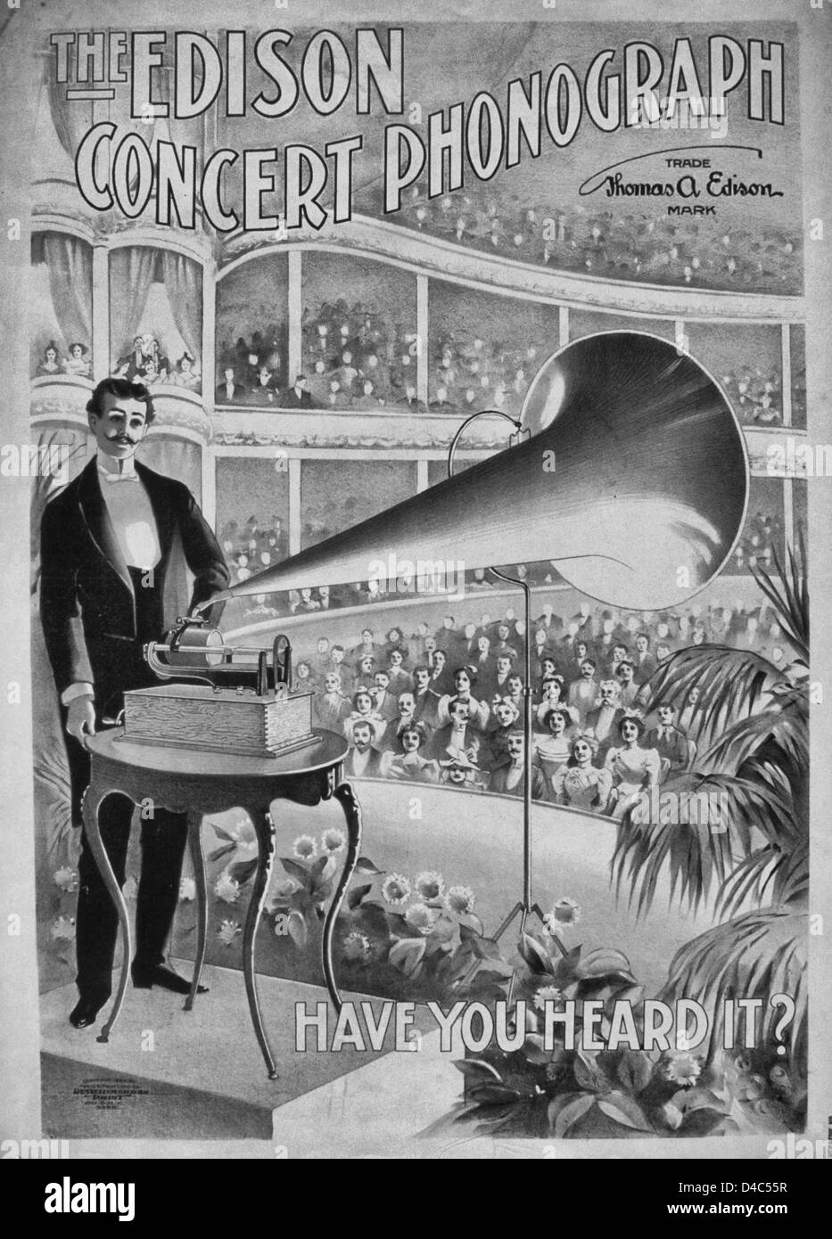 The Edison concert phonograph Have you heard itt? Advertising poster for Edison phonographs showing a man playing a phonograph on a stage before large audience seated in a grand concert hall, circa 1899 Stock Photo